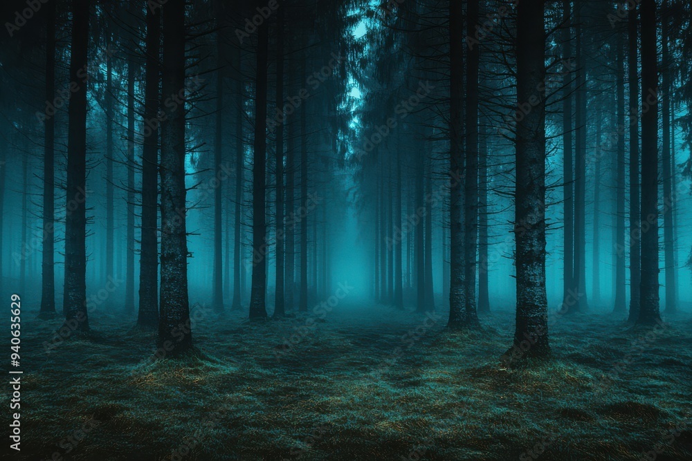 Spooky Forest with Tall Trees in Blue Tones Spooky Forest with Tall Trees in Blue Tones