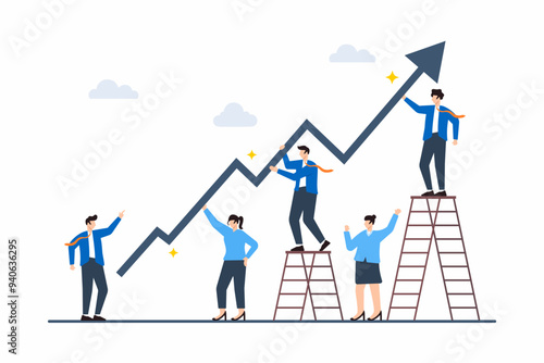 Flat illustration of employee team help grow rising arrow chart