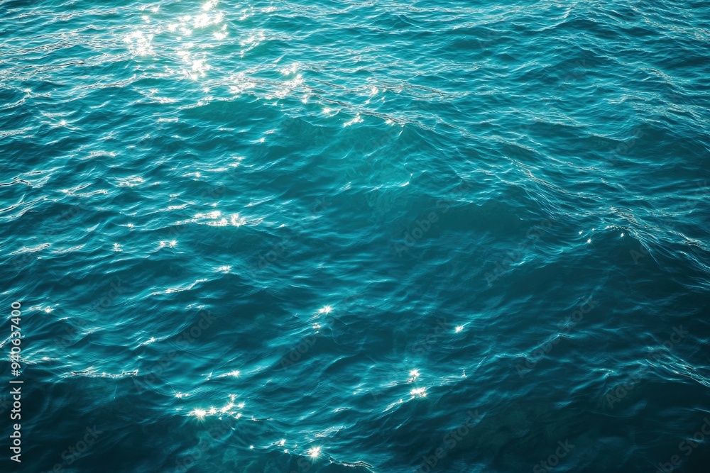 Fototapeta premium Blue green surface of the ocean in Catalina Island California with gentle ripples on the surface and light refracting , ai