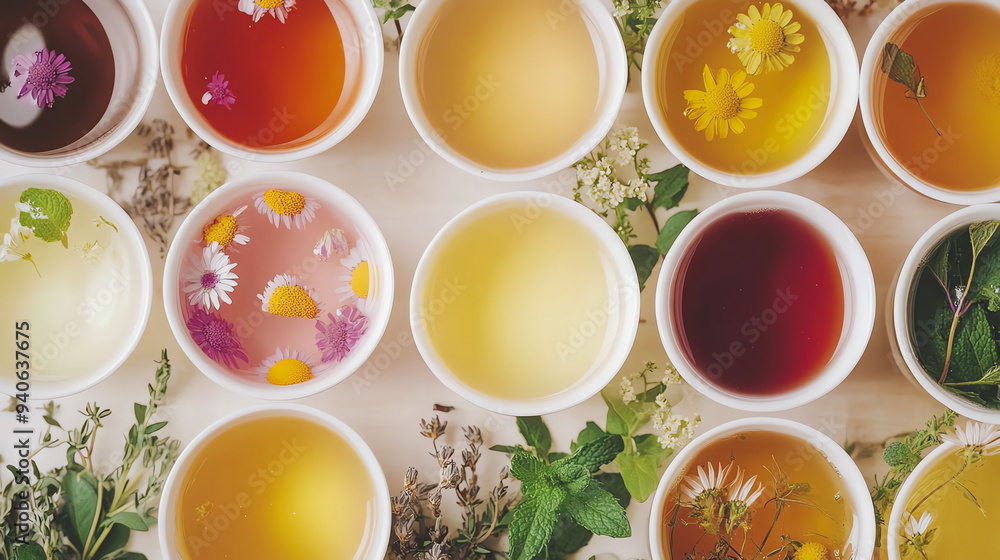 Assortment of herbal and floral teas in white cups on a white background. Assortment of herbal and floral teas in white cups on a white background.