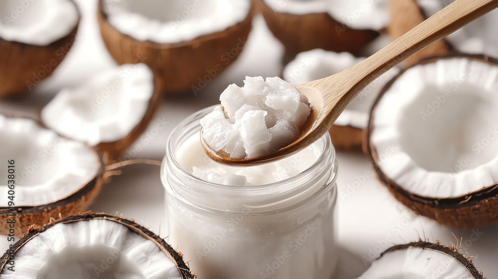 Close up of coconut oil in a jar with a wooden spoon. Close up of coconut oil in a jar with a wooden spoon.