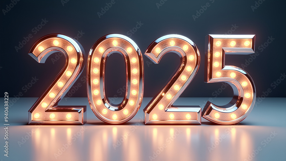 Shiny 2025 numbers in holographic colors standing on a white reflective surface with scattered iridescent shapes Shiny 2025 numbers in holographic colors standing on a white reflective surface with scattered iridescent shapes