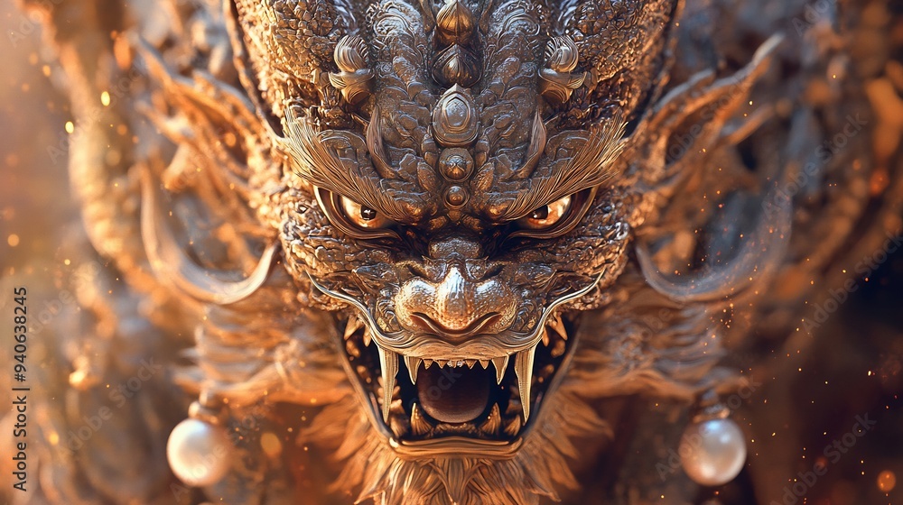Golden Dragon Sculpture with Fierce Expression Golden Dragon Sculpture with Fierce Expression