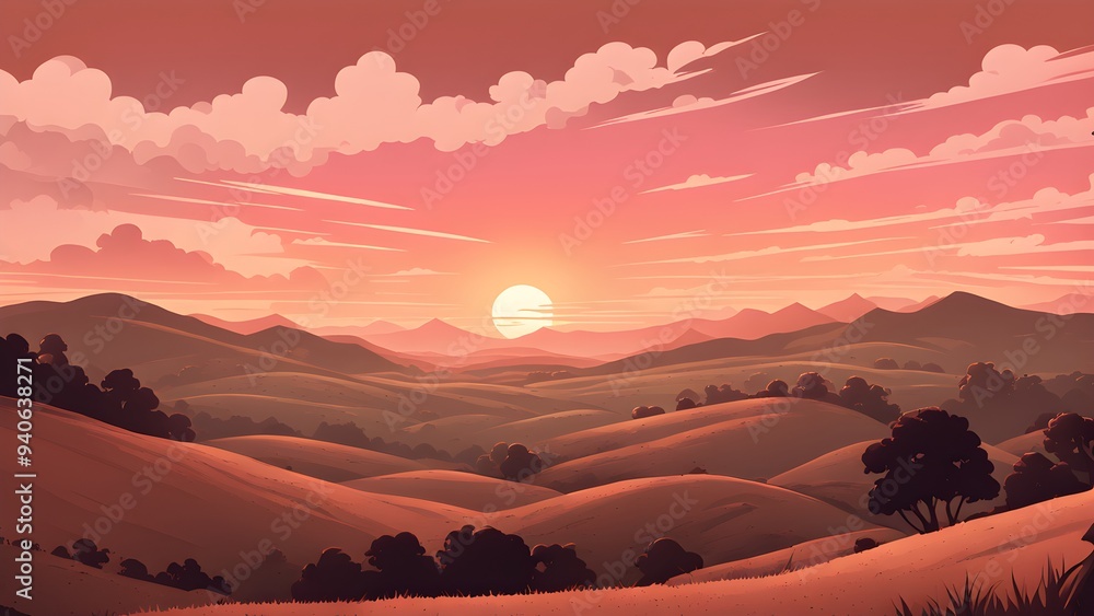 Naklejka premium A beautiful sunset over a mountain range with a large sun in the sky