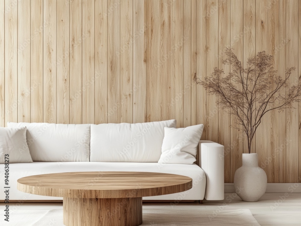 Natural wood coffee table and white sofa in minimalist living room with wooden paneling Natural wood coffee table and white sofa in minimalist living room with wooden paneling