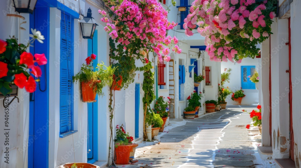 Obraz premium Beautiful colorful flower street with white houses and blue doors in a European city. Greece, floral for background.