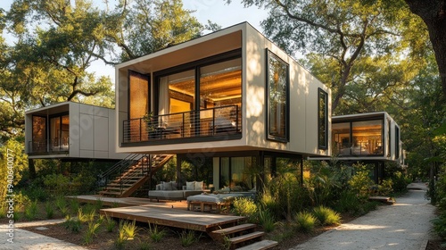 Modular two-story homes set in tree-lined community