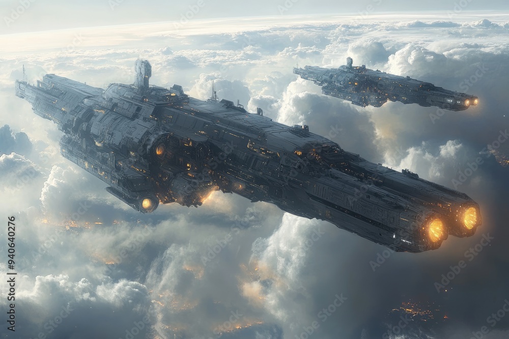 Two futuristic spaceships flying through a cloudy sky Two futuristic spaceships flying through a cloudy sky