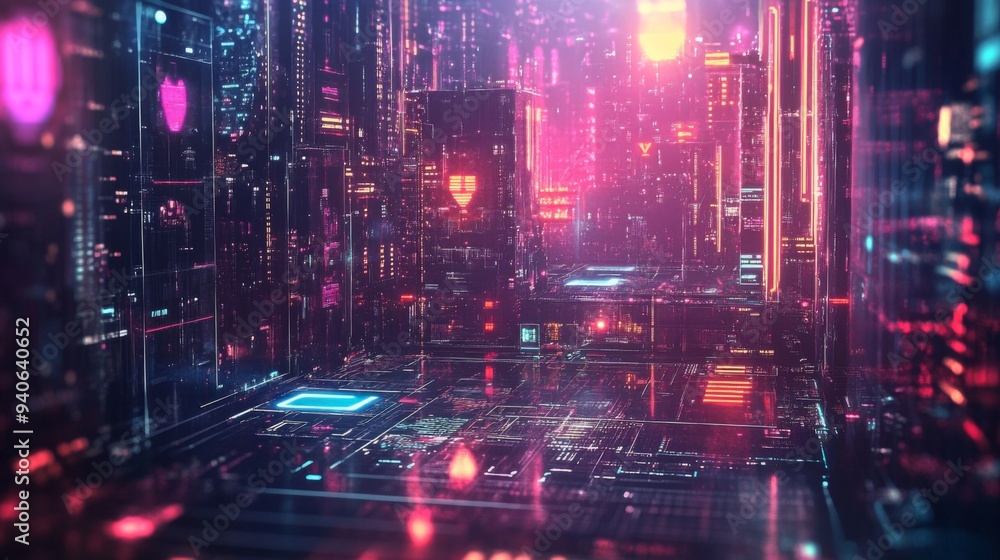A futuristic cityscape with glowing neon lights and digital screens.