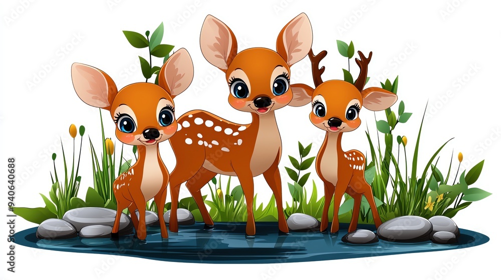 A charming illustration of three playful deer among lush greenery, evoking a sense of tranquility and nature's beauty. A charming illustration of three playful deer among lush greenery, evoking a sense of tranquility and nature's beauty.