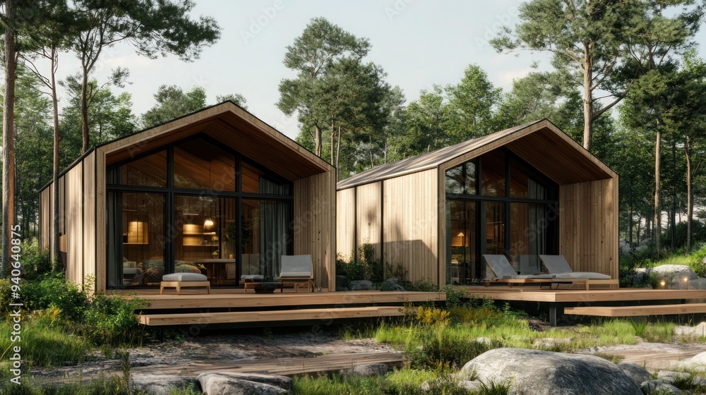 Modern wooden eco-lodges for vacations surrounded by forests