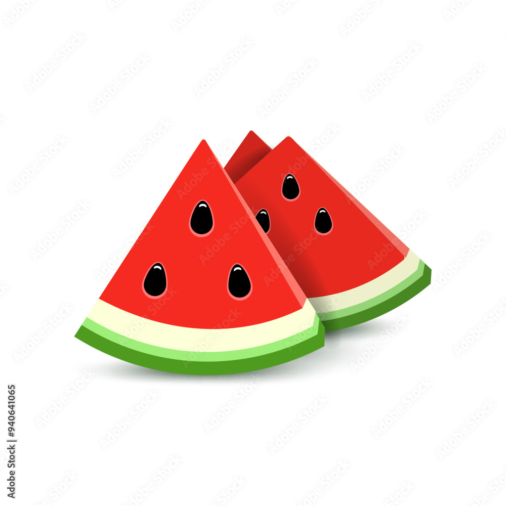Three watermelon slices with seeds isolated on white background. Realistic illustration of triangular watermelon slices. Vector illustration. Three watermelon slices with seeds isolated on white background. Realistic illustration of triangular watermelon slices. Vector illustration.