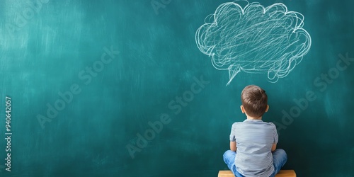 Young boy thinking with a thought bubble drawn on a green chalkboard