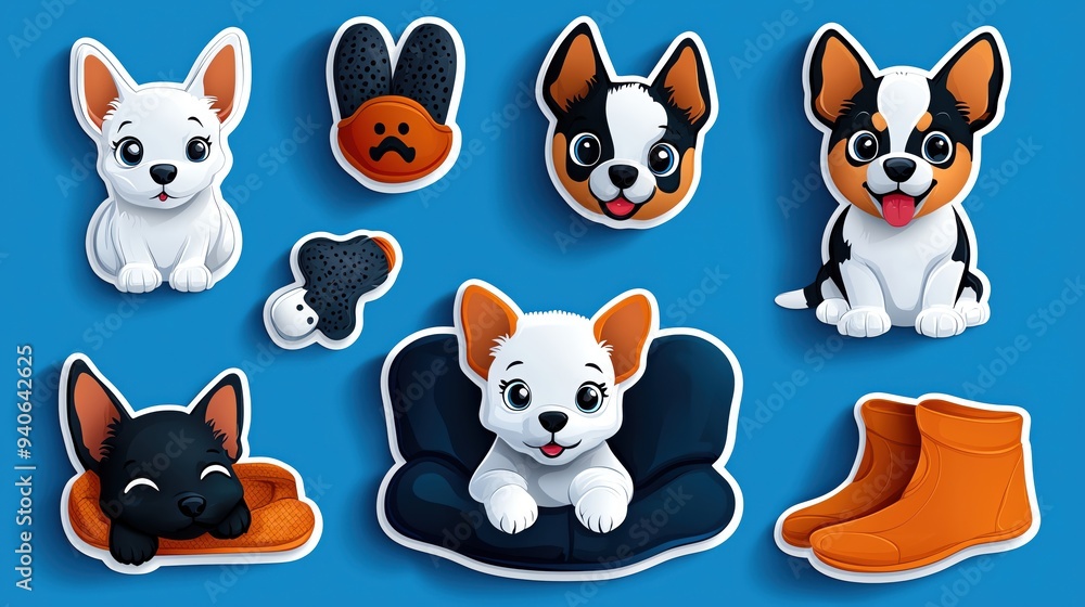 Fototapeta premium A colorful collection of cute dog stickers featuring adorable pups with expressive faces and playful poses on a vibrant background.
