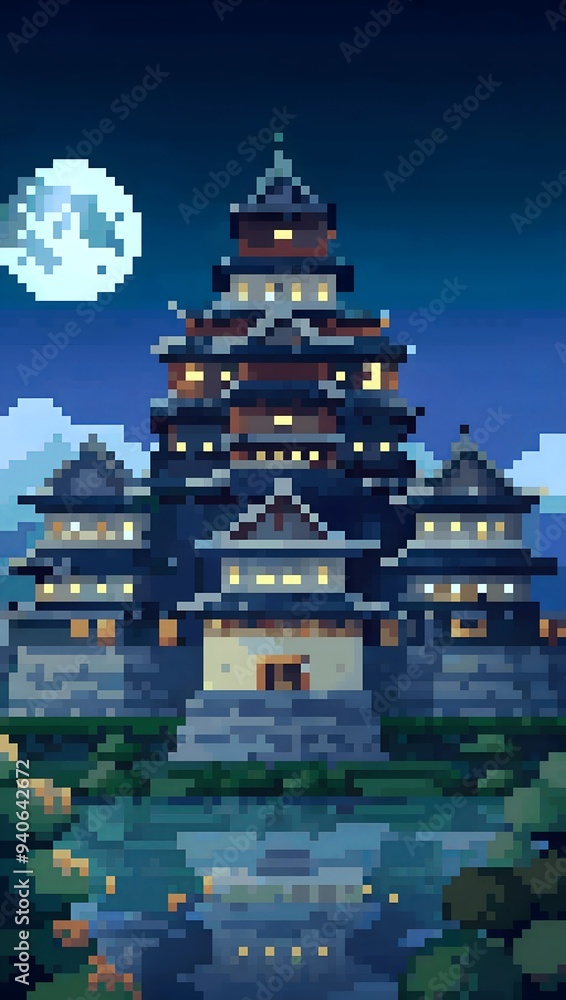 ภาพประกอบสต็อก Japanese feudal castle at night pixel art background. 8 ...