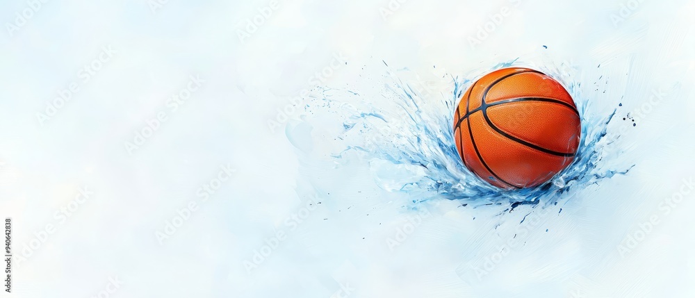 A basketball soars through the air, backsplash of water droplets clinging to it A basketball soars through the air, backsplash of water droplets clinging to it