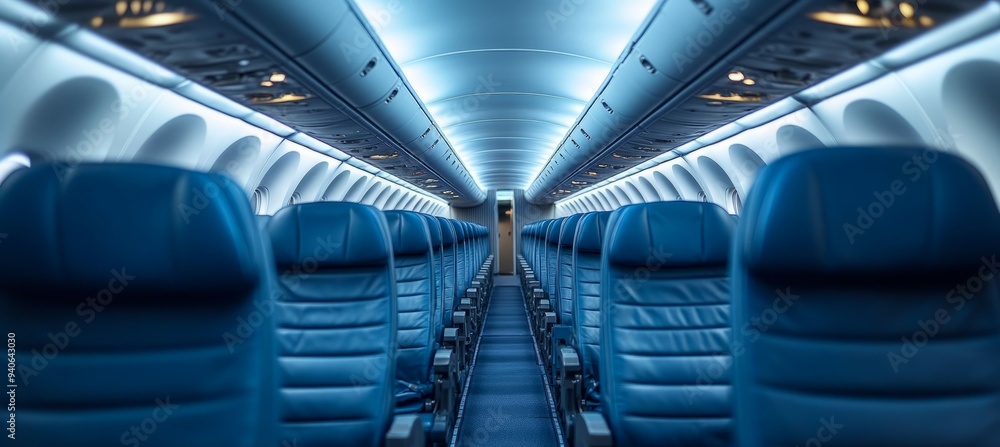 Fototapeta premium Airplane cabin seat interior. Aviation transport. Generative AI technology. 