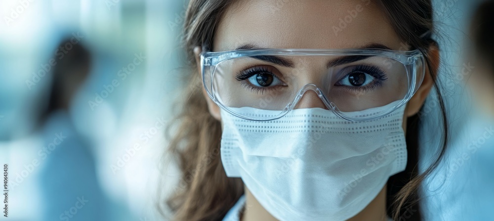 Woman masked doctor scientist. Science medical research. Generative AI technology. Woman masked doctor scientist. Science medical research. Generative AI technology.