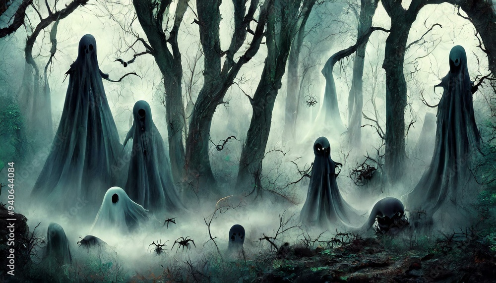 halloween illustration with skary ghosts and spiders in the dark forest on fog halloween illustration with skary ghosts and spiders in the dark forest on fog