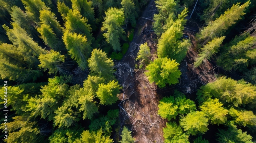 Drone image of fire-damaged forest and vibrant green trees Drone image of fire-damaged forest and vibrant green trees