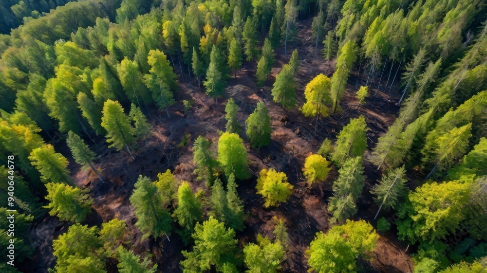 Fototapeta premium Drone image of fire-damaged forest and vibrant green trees