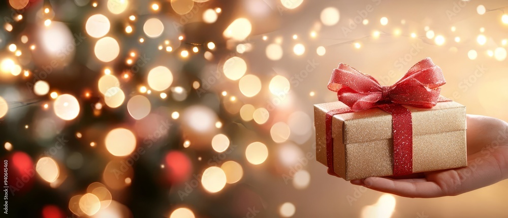 A hand holds a small gift box, adorned with a red ribbon, against a backdrop of a Christmas tree A hand holds a small gift box, adorned with a red ribbon, against a backdrop of a Christmas tree