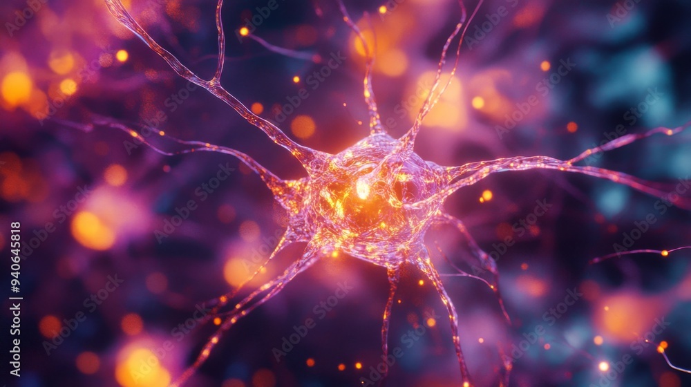 A vibrant illustration of a neuron, with glowing branches and a central body, set against a bokeh background of blurred lights. A vibrant illustration of a neuron, with glowing branches and a central body, set against a bokeh background of blurred lights.