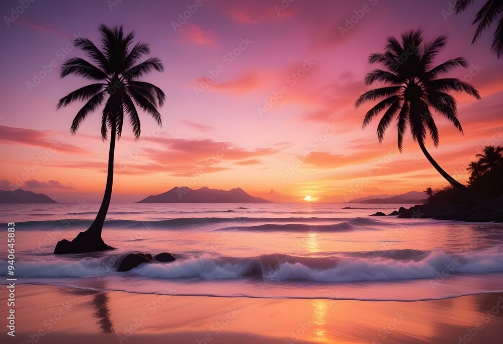 a tropical beach background at sunset with vibrant orange and pink hues in the sky, silhouettes of palm trees swaying gently in the foreground, soft waves lapping at the shore, and distant islands vis a tropical beach background at sunset with vibrant orange and pink hues in the sky, silhouettes of palm trees swaying gently in the foreground, soft waves lapping at the shore, and distant islands vis
