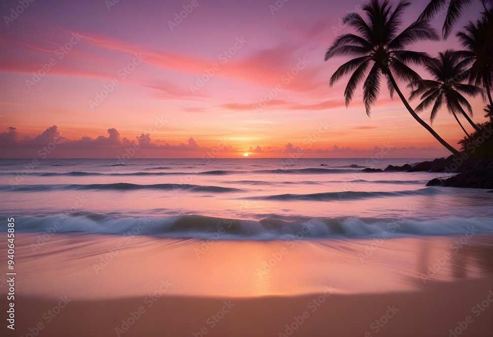 a tropical beach background at sunset with vibrant orange and pink hues in the sky, silhouettes of palm trees swaying gently in the foreground, soft waves lapping at the shore, and distant islands vis a tropical beach background at sunset with vibrant orange and pink hues in the sky, silhouettes of palm trees swaying gently in the foreground, soft waves lapping at the shore, and distant islands vis