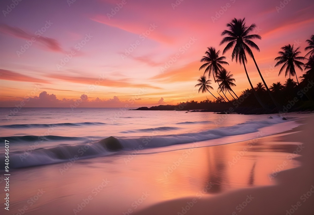 a tropical beach background at sunset with vibrant orange and pink hues in the sky, silhouettes of palm trees swaying gently in the foreground, soft waves lapping at the shore, and distant islands vis a tropical beach background at sunset with vibrant orange and pink hues in the sky, silhouettes of palm trees swaying gently in the foreground, soft waves lapping at the shore, and distant islands vis