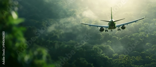  A large jetliner soars above a dense forest, teeming with countless green trees, under a sunlit sky Sun rays penetrate the clouds, illuminating the