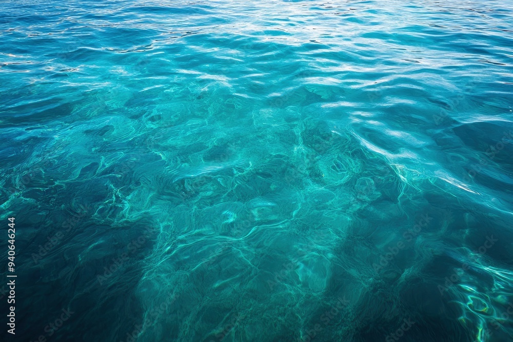 Obraz premium Blue green surface of the ocean in Catalina Island California with gentle ripples on the surface and light refracting , ai