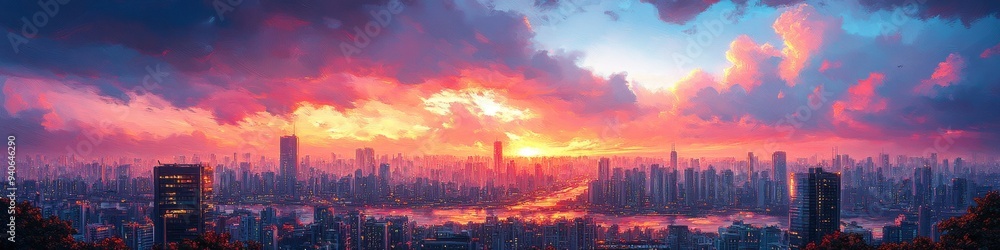Fototapeta premium Futuristic Anime-Style Cityscape: Vibrant Digital Illustration of a High-Tech Metropolis Skyline. Creative Urban Landscape Blending Sci-Fi Elements with Cartoon Aesthetics, Perfect for Marketing Campa