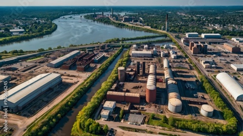 Drone view of industrial city by river 
