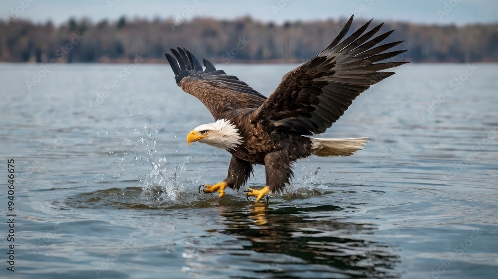 Eagle flying low over lake water, close-up Eagle flying low over lake water, close-up