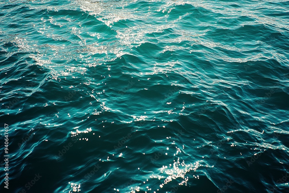 Obraz premium Blue green surface of the ocean in Catalina Island California with gentle ripples on the surface and light refracting , ai