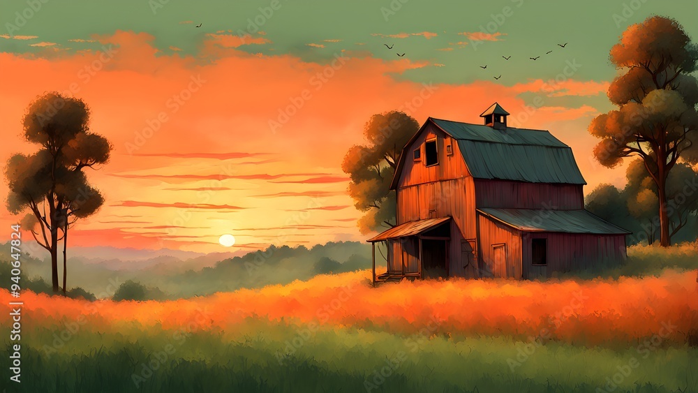 Fototapeta premium A painting of a barn and a field with a sunset in the background