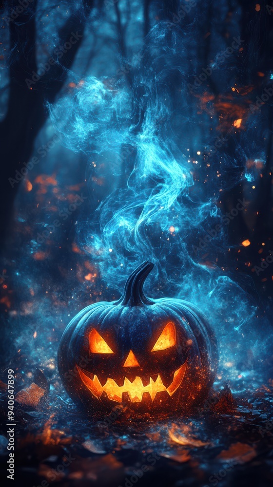 Halloween pumpkin in the background with a fuzzy Enchanted Forest Halloween pumpkin in the background with a fuzzy Enchanted Forest