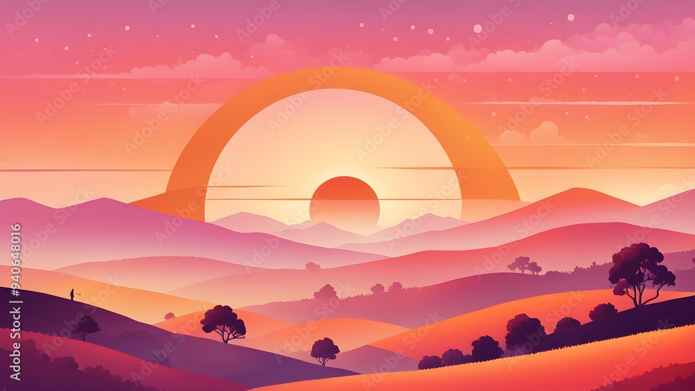A beautiful landscape with a large rainbow and a sun in the sky A beautiful landscape with a large rainbow and a sun in the sky