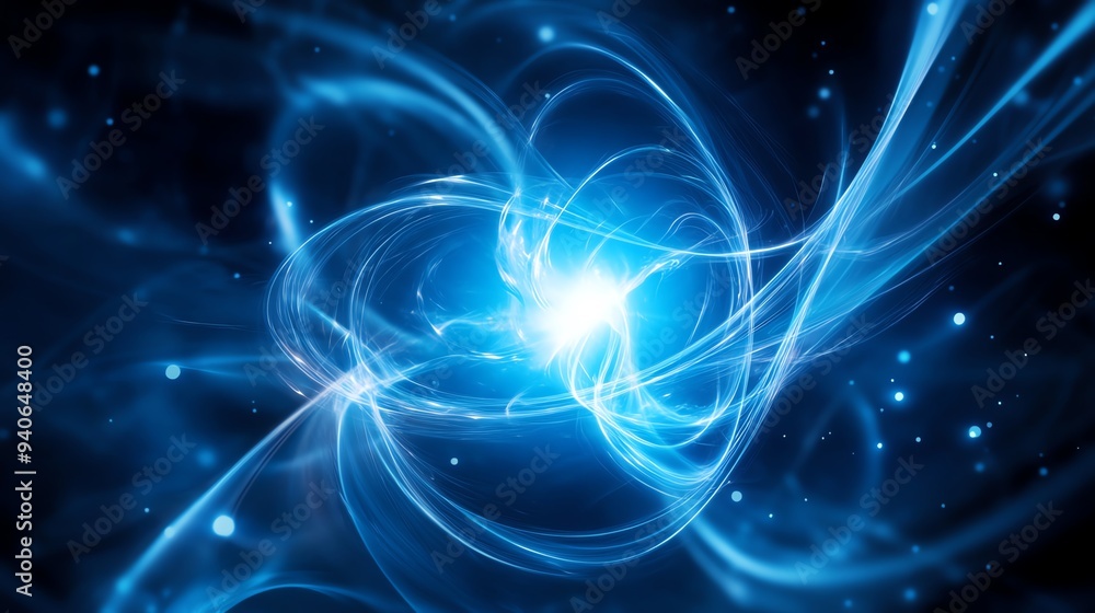 Fototapeta premium Abstract blue energy vortex with glowing light in dark space.