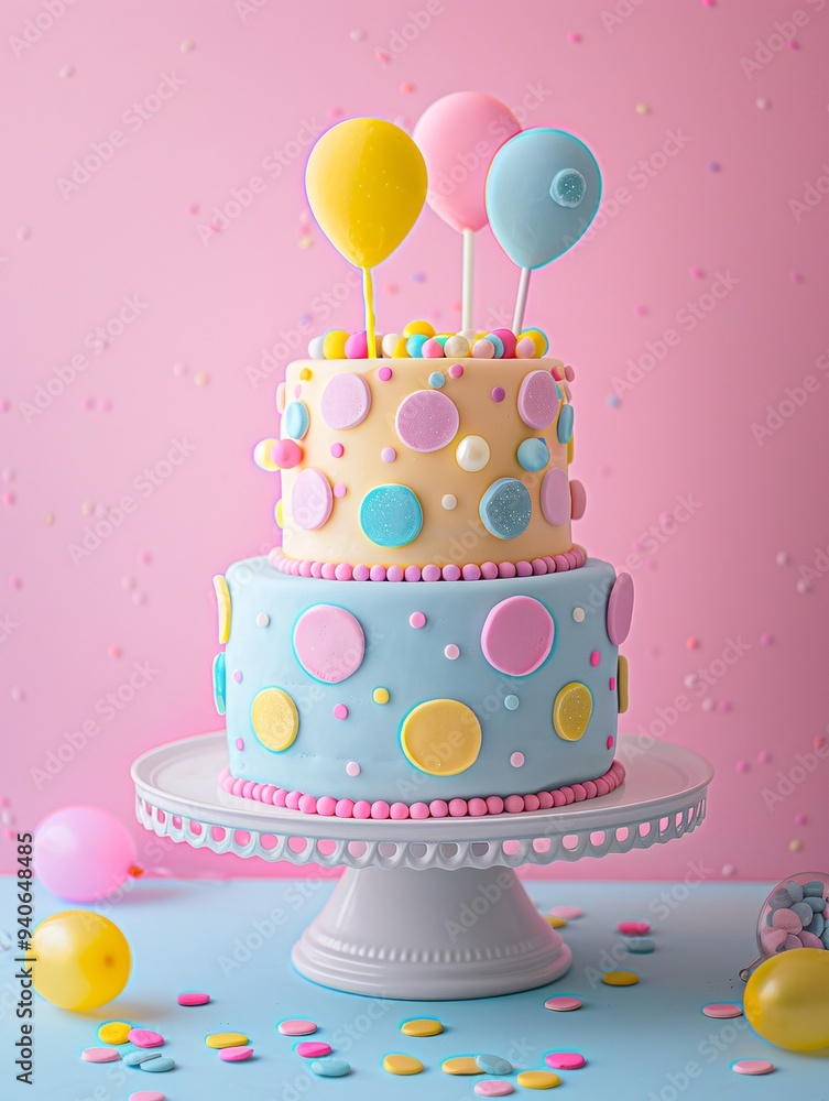 4. Pastel pink yellow and blue three-tiered birthday cake, polka dot pattern, candy decorations, small balloons on top, white cake stand, light blue table, pink background, celebratory mood, festive 4. Pastel pink yellow and blue three-tiered birthday cake, polka dot pattern, candy decorations, small balloons on top, white cake stand, light blue table, pink background, celebratory mood, festive