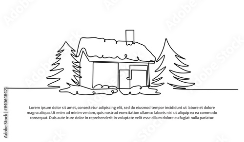 Continuous line design of a house with trees and a snowman. Single line decorative element drawn on white background.