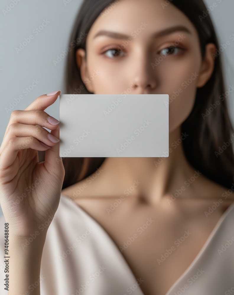 Woman holding blank business card in front of face, offering blank space for text or branding in stock photo for commercial use. Woman holding blank business card in front of face, offering blank space for text or branding in stock photo for commercial use.