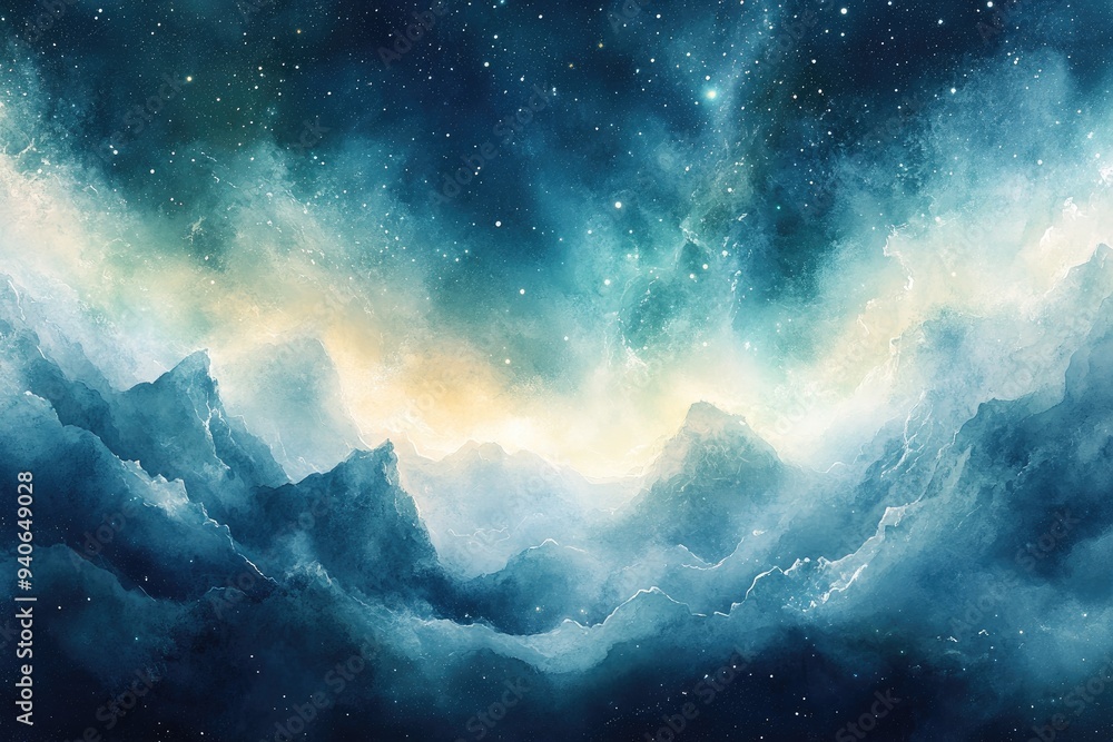 Watercolor Painting of a Starry Night Sky Above Mountain Ranges Watercolor Painting of a Starry Night Sky Above Mountain Ranges