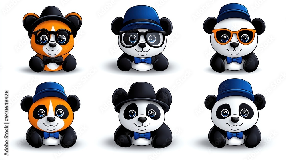 Adorable cartoon pandas in various outfits, featuring glasses and hats, perfect for whimsical designs and children's themes. Adorable cartoon pandas in various outfits, featuring glasses and hats, perfect for whimsical designs and children's themes.