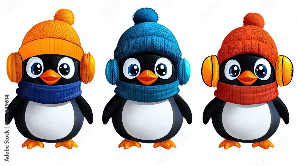 Fototapeta premium Three adorable cartoon penguins wearing colorful winter hats and headphones, perfect for seasonal designs and children's content.