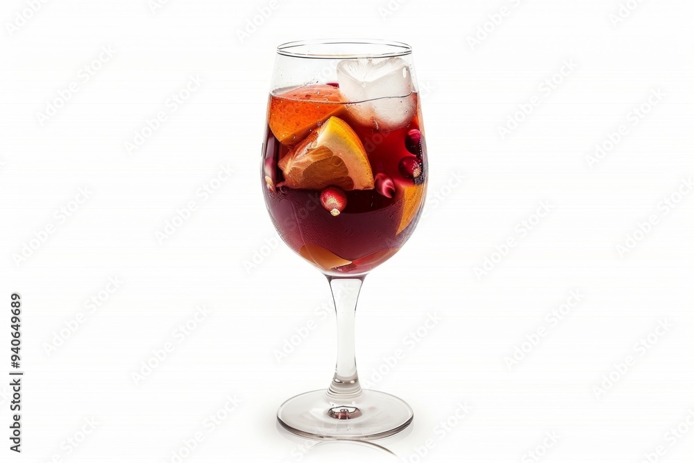 Refreshing cocktail with fruit and ice cubes in a wine glass. Colorful drink for summer parties or cozy evenings. Stylish beverage photography. Generative AI Refreshing cocktail with fruit and ice cubes in a wine glass. Colorful drink for summer parties or cozy evenings. Stylish beverage photography. Generative AI
