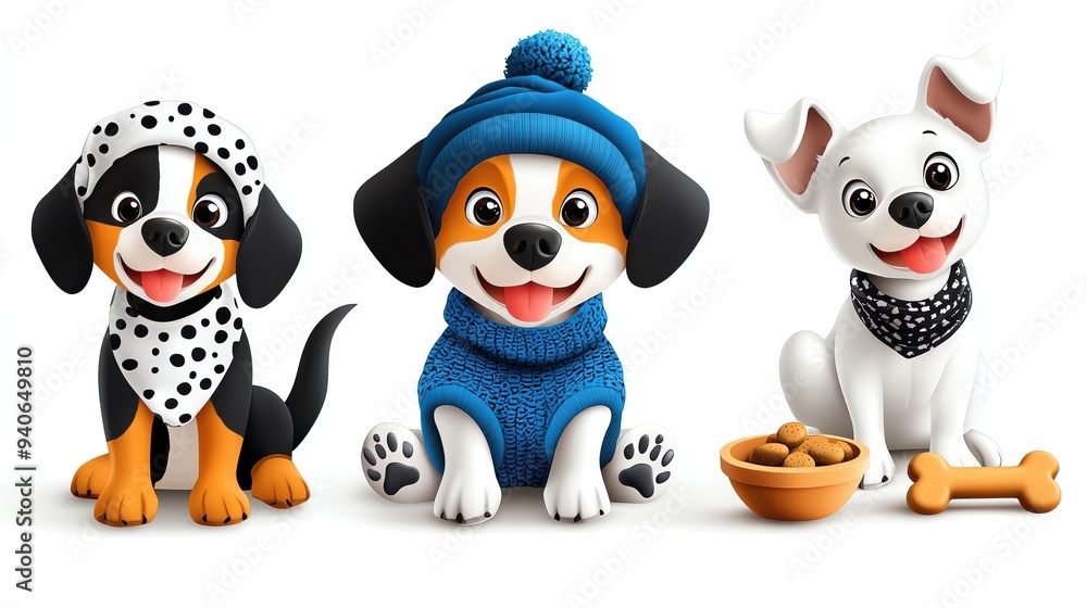Fototapeta premium Three playful cartoon dogs in stylish outfits, sitting happily with a bowl of treats, perfect for pet-themed designs.