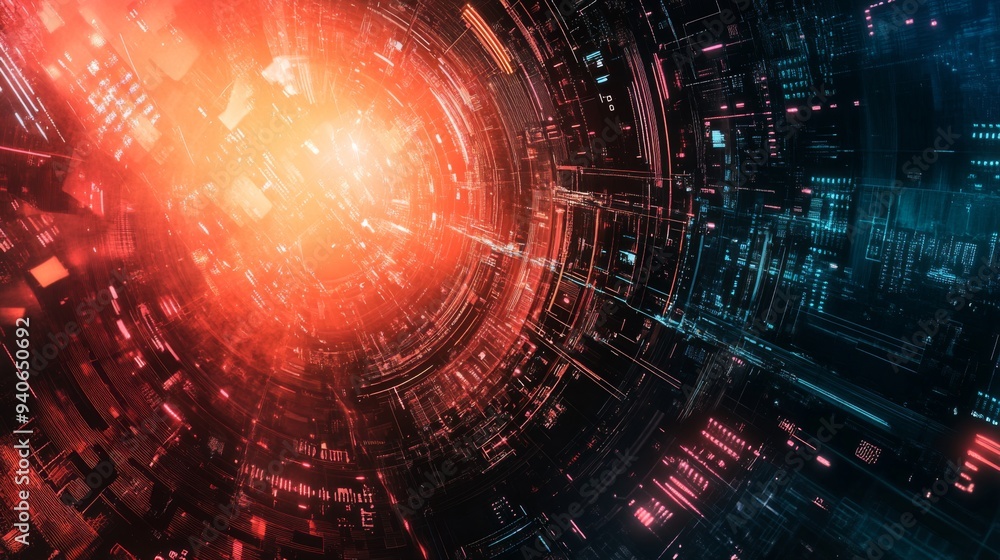 Obraz premium Abstract digital tunnel with glowing red and blue lights.