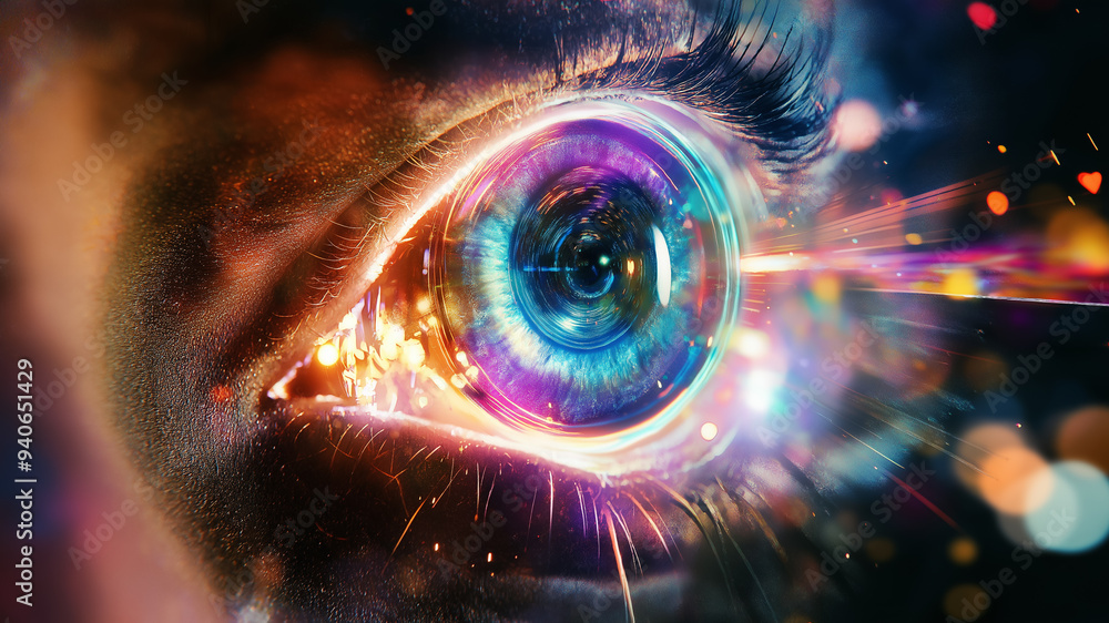 Illustration of the digital eye of a humanoid with rays coming out of the eye, Generative AI image. Illustration of the digital eye of a humanoid with rays coming out of the eye, Generative AI image.